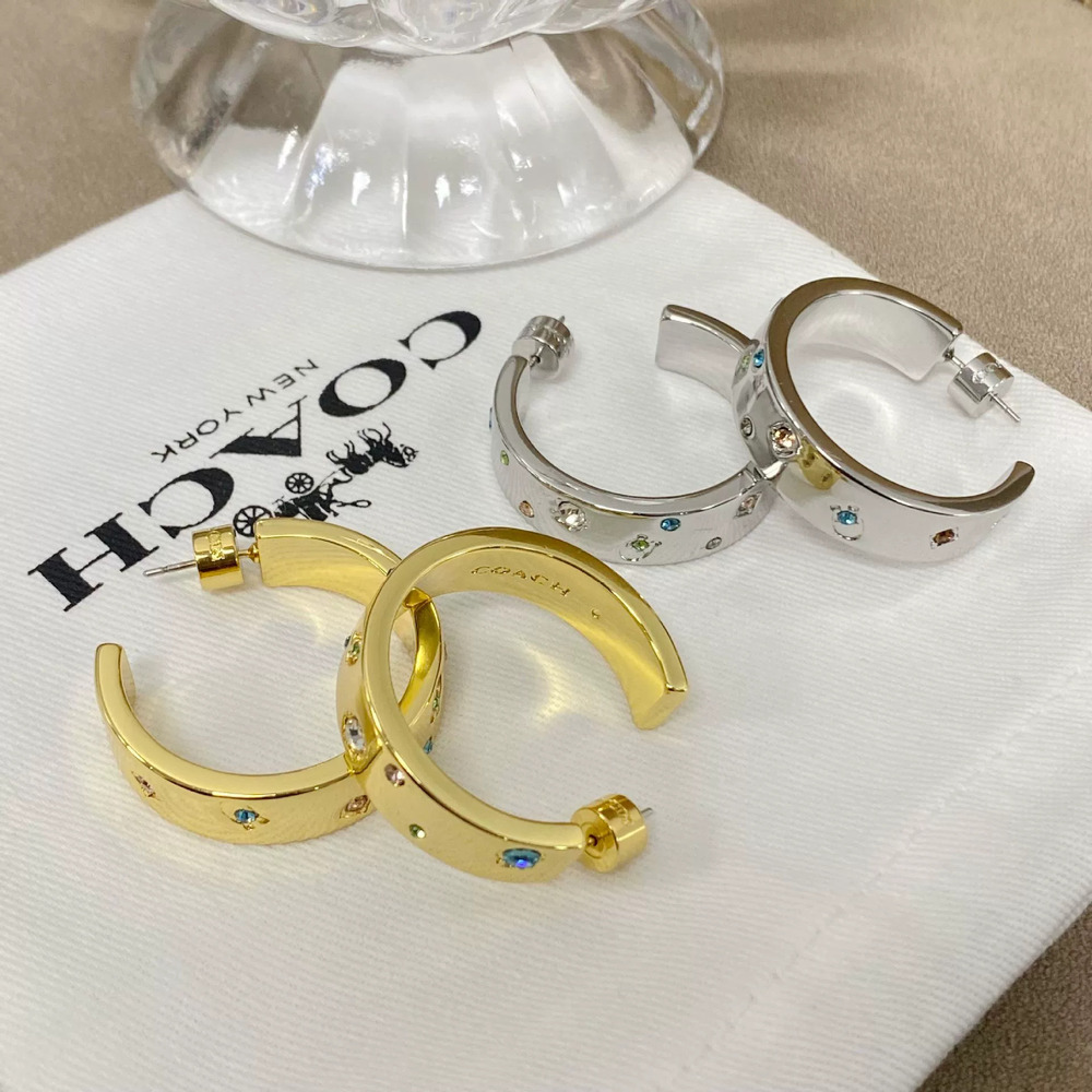 Coach Vintage Geometric Gold Large Hoop Earrings Colored Diamond